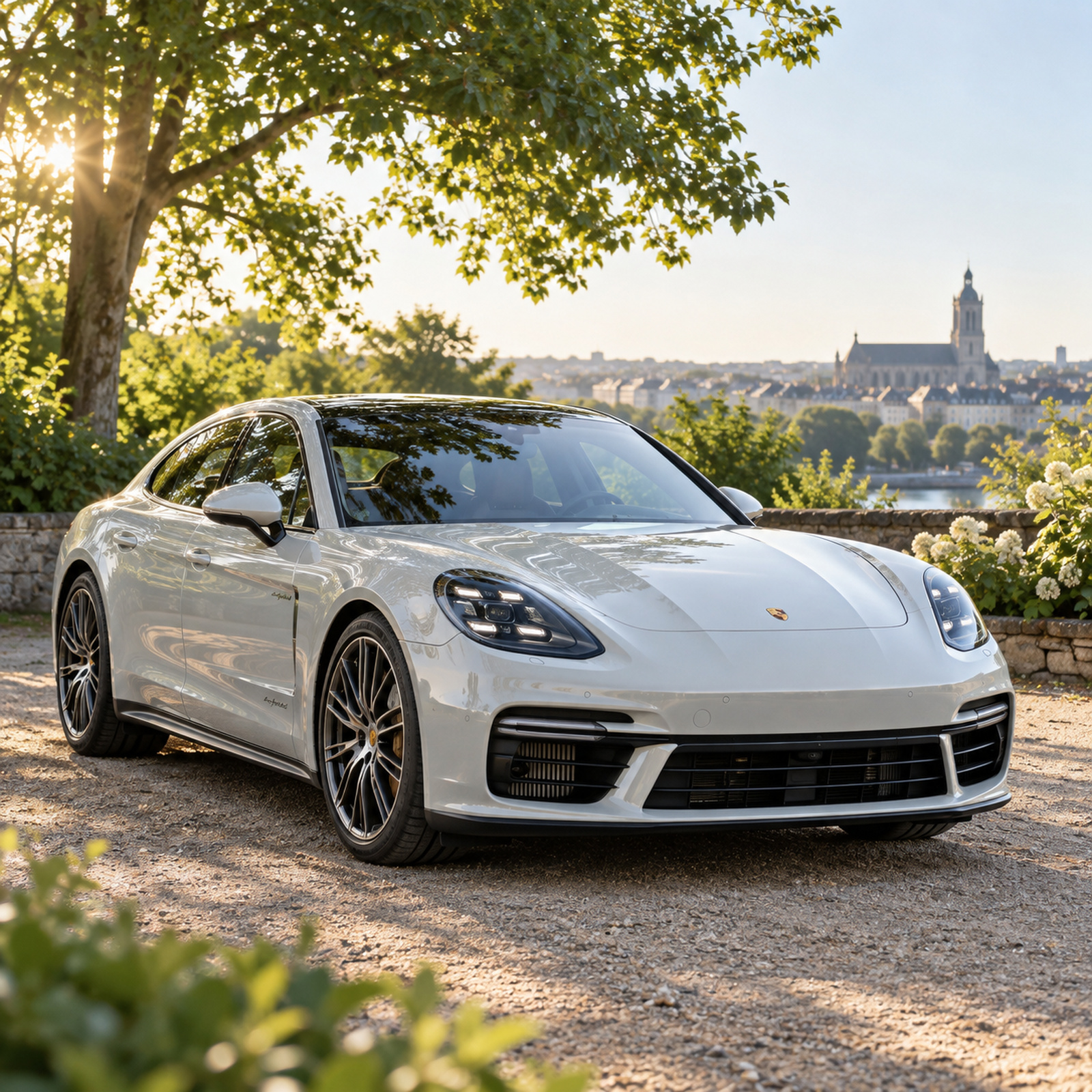 Voiture claire dans un cadre verdoyant, lumière douce du matin